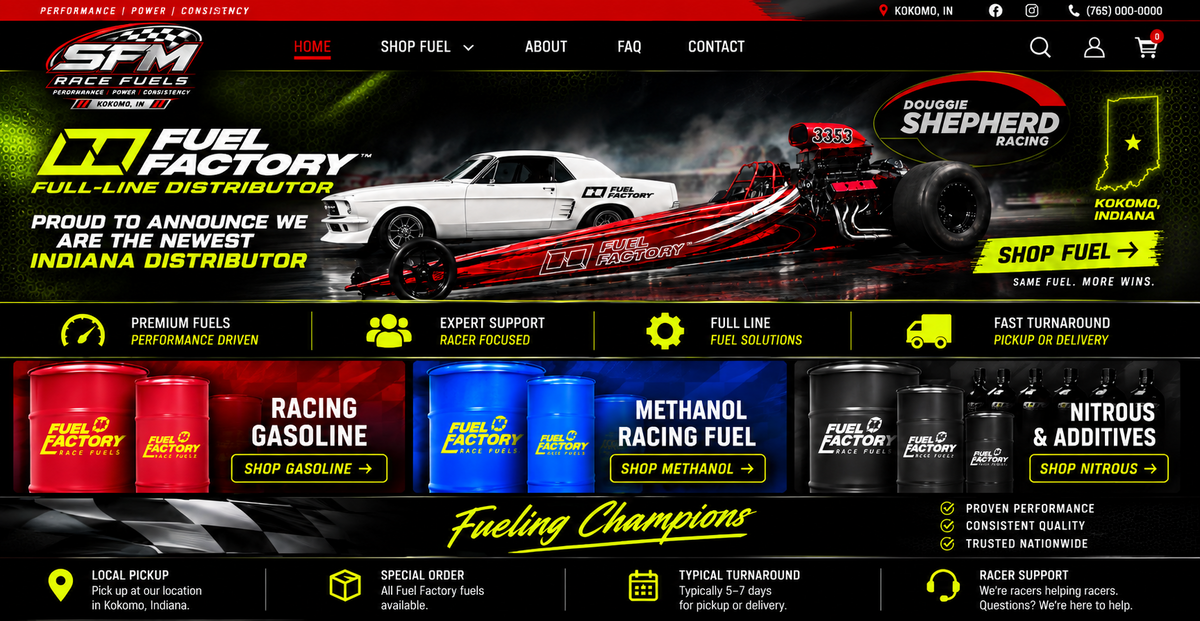 SFM Race Fuels Fuel Factory distributor homepage hero